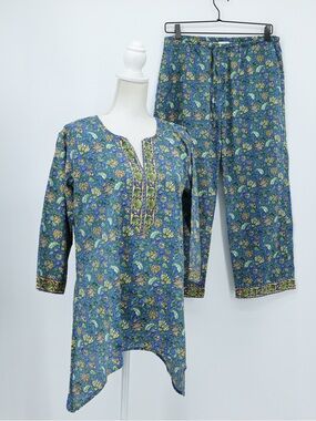 Signals Cotton 2 Piece Pants Set Tunic Pants Blue Floral Boho Resort Wear XL L